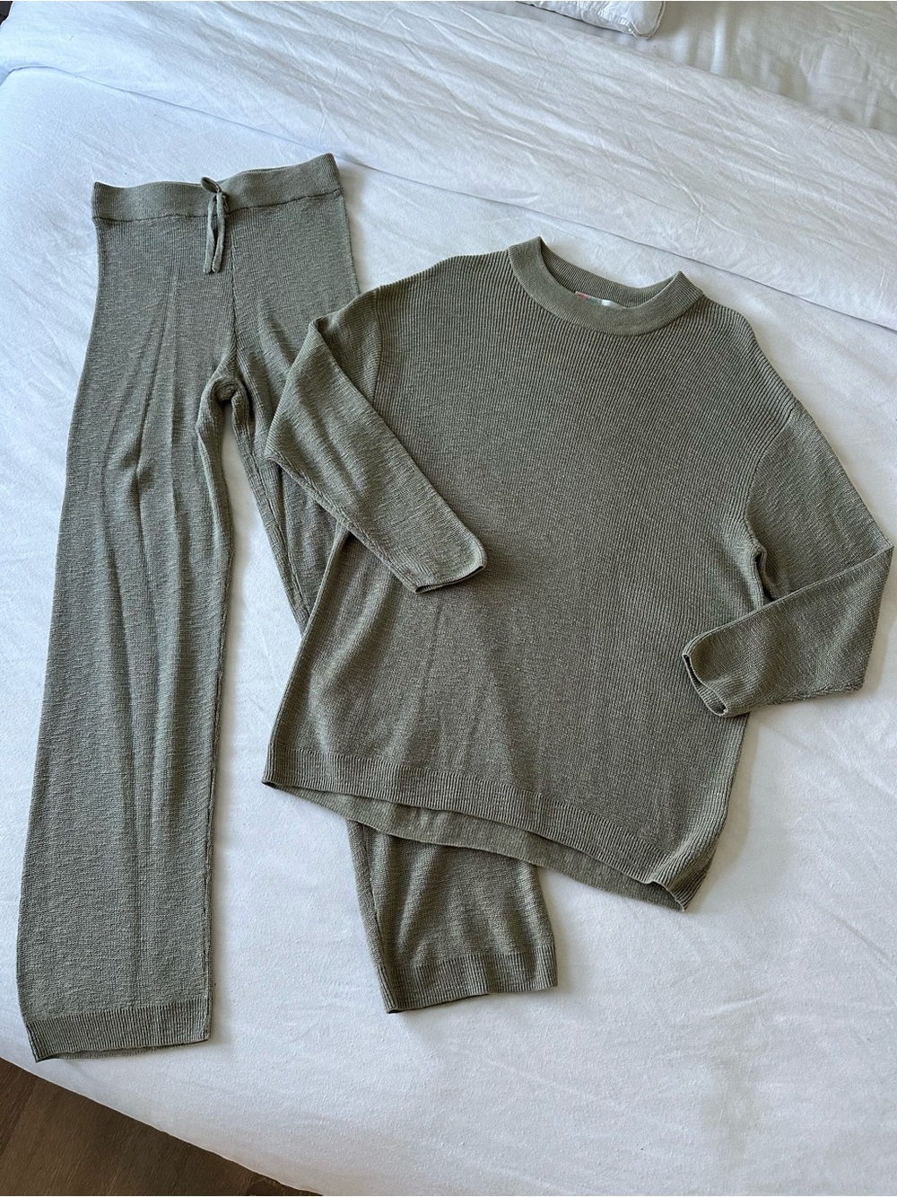 Women's Olive Crewneck Knit Top and Lounge Pants Set